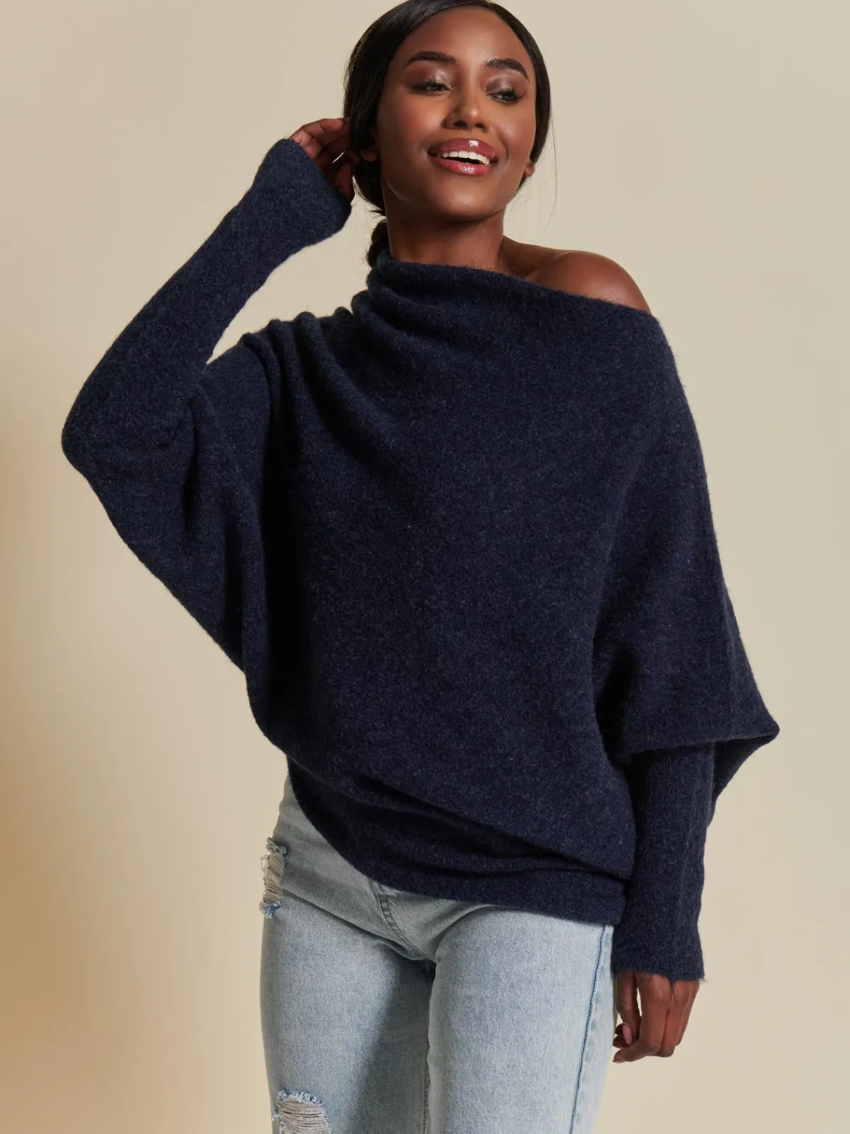 Jolie Moi Weekend Casuals|Knitted Jumpers-Made in Italy Wool Blend Asymmetric Knit Jumper, Navy