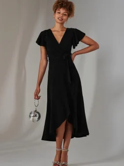 Jolie Moi Occasion Dresses|Party Dresses-Marlie Metallic Angel Sleeve Maxi Dress, Black