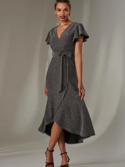 Jolie Moi Occasion Dresses|Party Dresses-Marlie Metallic Angel Sleeve Maxi Dress, Black-Silver