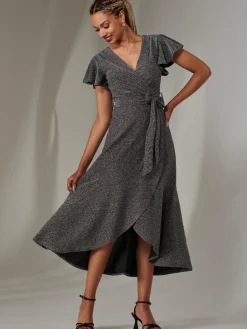 Jolie Moi Occasion Dresses|Party Dresses-Marlie Metallic Angel Sleeve Maxi Dress, Black-Silver