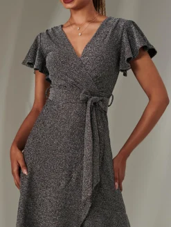 Jolie Moi Occasion Dresses|Party Dresses-Marlie Metallic Angel Sleeve Maxi Dress, Black-Silver
