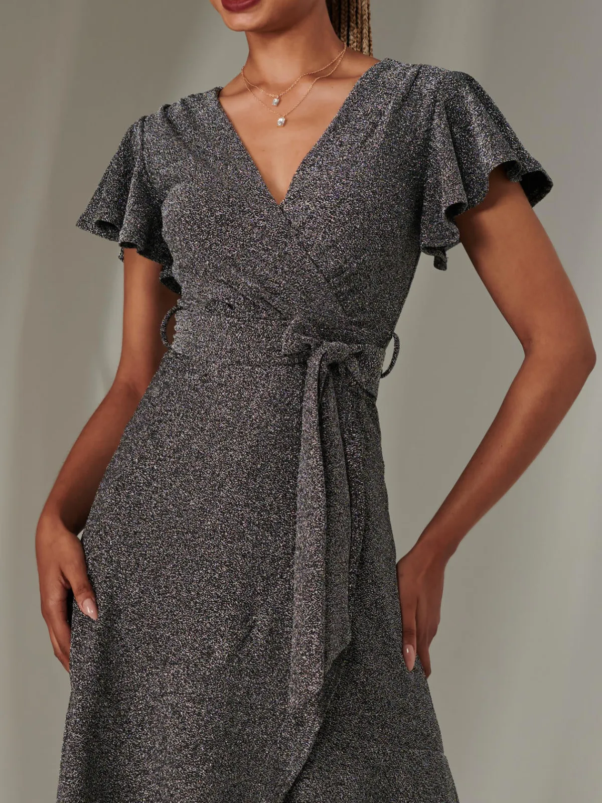 Jolie Moi Occasion Dresses|Party Dresses-Marlie Metallic Angel Sleeve Maxi Dress, Black-Silver