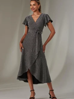 Jolie Moi Occasion Dresses|Party Dresses-Marlie Metallic Angel Sleeve Maxi Dress, Black-Silver