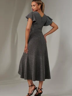 Jolie Moi Occasion Dresses|Party Dresses-Marlie Metallic Angel Sleeve Maxi Dress, Black-Silver
