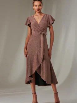 Jolie Moi Occasion Dresses|Party Dresses-Marlie Metallic Angel Sleeve Maxi Dress, Gold/Red