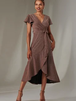 Jolie Moi Occasion Dresses|Party Dresses-Marlie Metallic Angel Sleeve Maxi Dress, Gold/Red