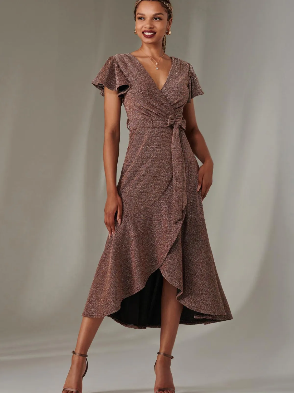Jolie Moi Occasion Dresses|Party Dresses-Marlie Metallic Angel Sleeve Maxi Dress, Gold/Red