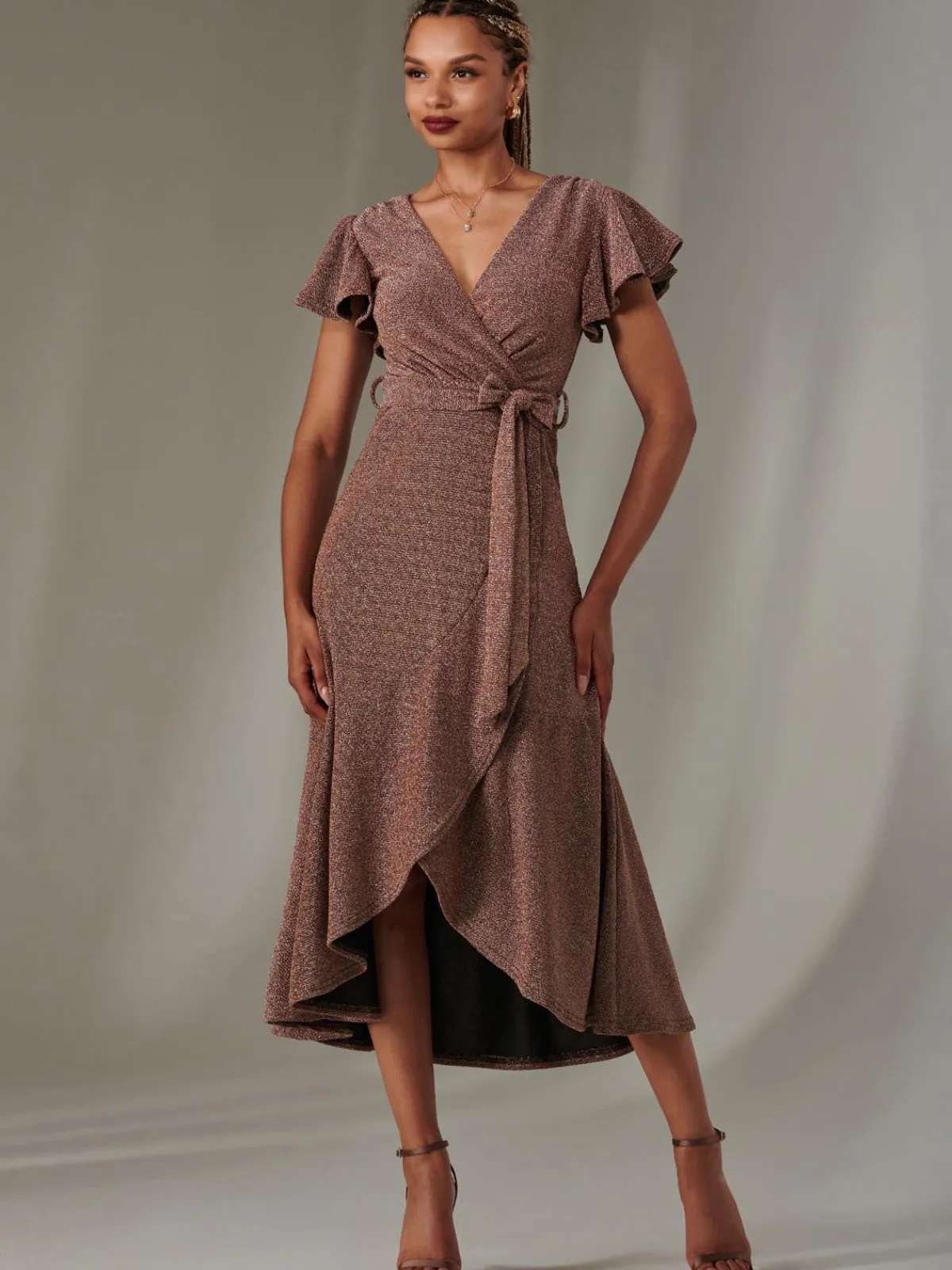 Jolie Moi Occasion Dresses|Party Dresses-Marlie Metallic Angel Sleeve Maxi Dress, Gold/Red