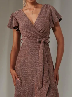 Jolie Moi Occasion Dresses|Party Dresses-Marlie Metallic Angel Sleeve Maxi Dress, Gold/Red