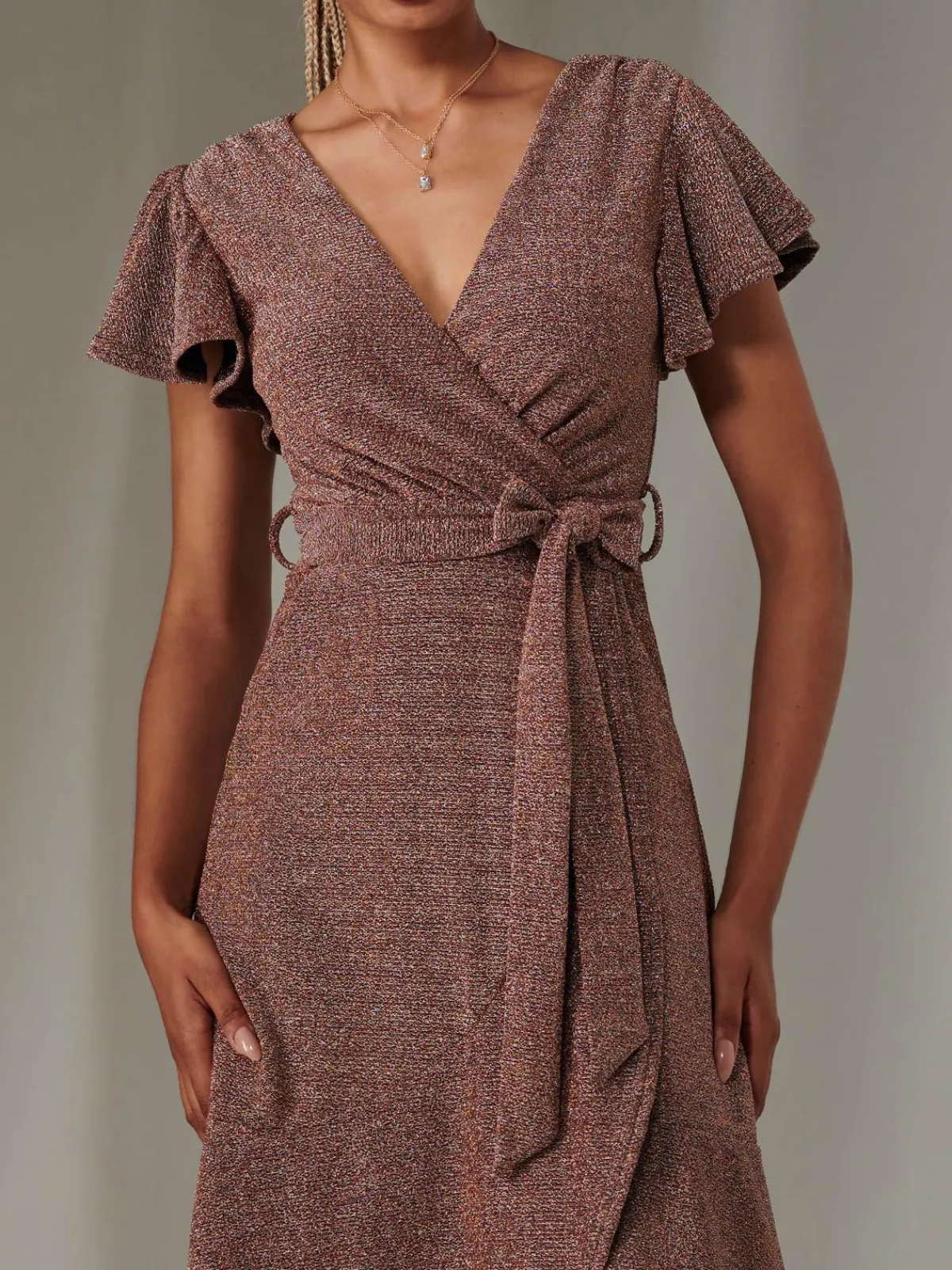 Jolie Moi Occasion Dresses|Party Dresses-Marlie Metallic Angel Sleeve Maxi Dress, Gold/Red