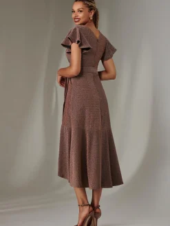 Jolie Moi Occasion Dresses|Party Dresses-Marlie Metallic Angel Sleeve Maxi Dress, Gold/Red