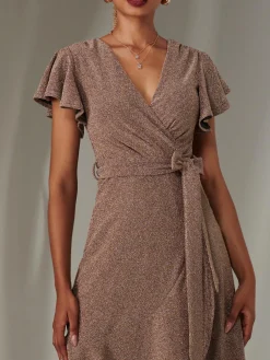 Jolie Moi Occasion Dresses|Party Dresses-Marlie Metallic Angel Sleeve Maxi Dress, Gold/Silver