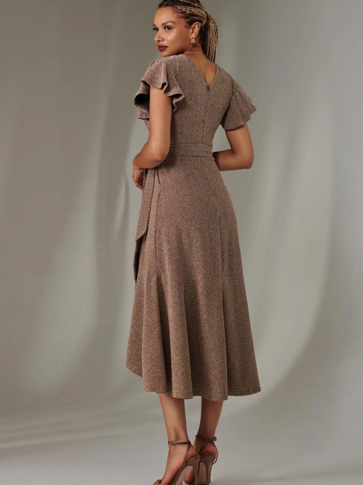 Jolie Moi Occasion Dresses|Party Dresses-Marlie Metallic Angel Sleeve Maxi Dress, Gold/Silver