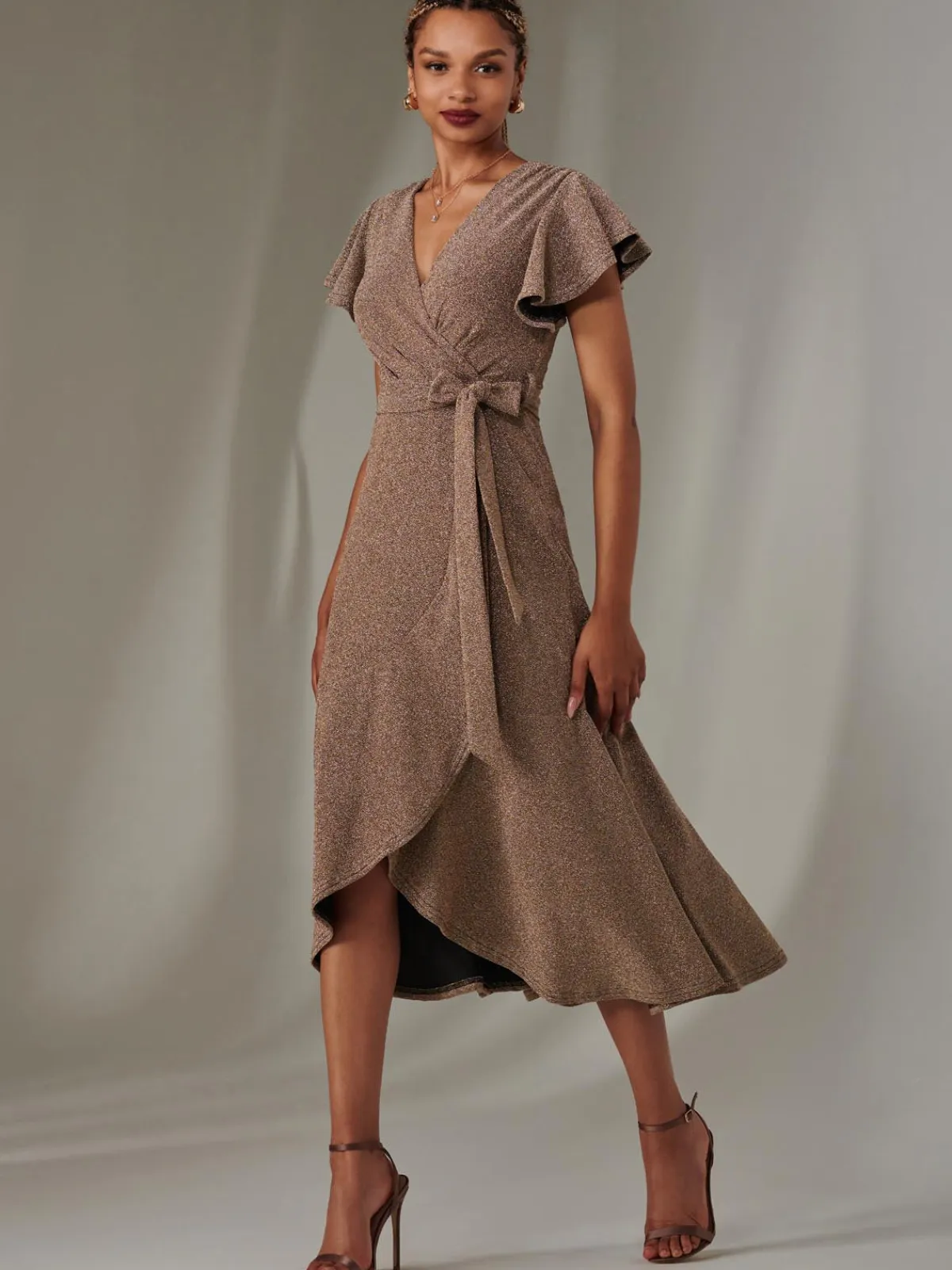 Jolie Moi Occasion Dresses|Party Dresses-Marlie Metallic Angel Sleeve Maxi Dress, Gold/Silver