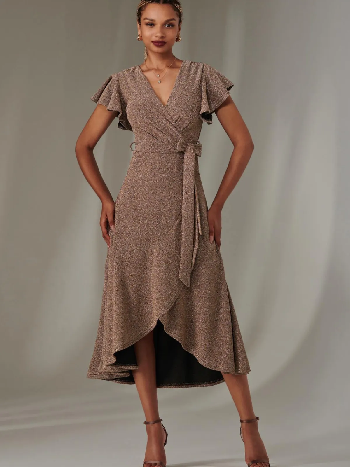 Jolie Moi Occasion Dresses|Party Dresses-Marlie Metallic Angel Sleeve Maxi Dress, Gold/Silver