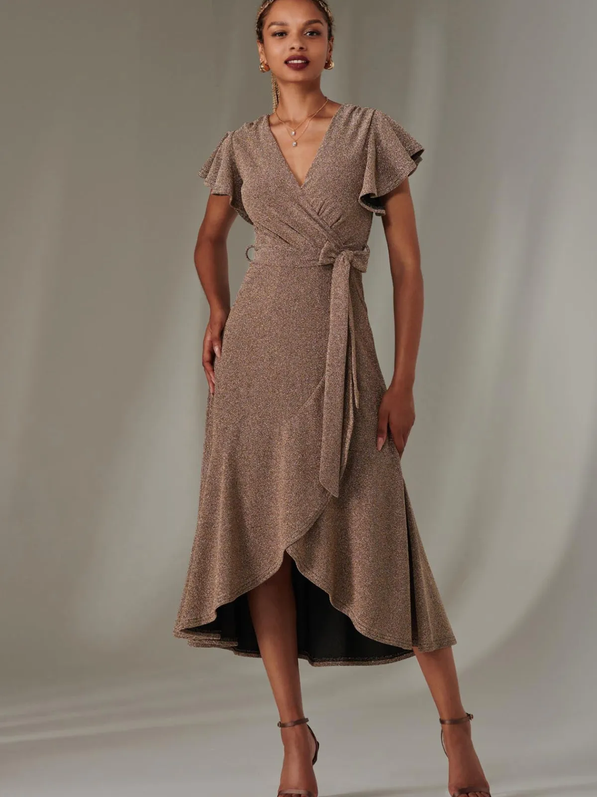 Jolie Moi Occasion Dresses|Party Dresses-Marlie Metallic Angel Sleeve Maxi Dress, Gold/Silver