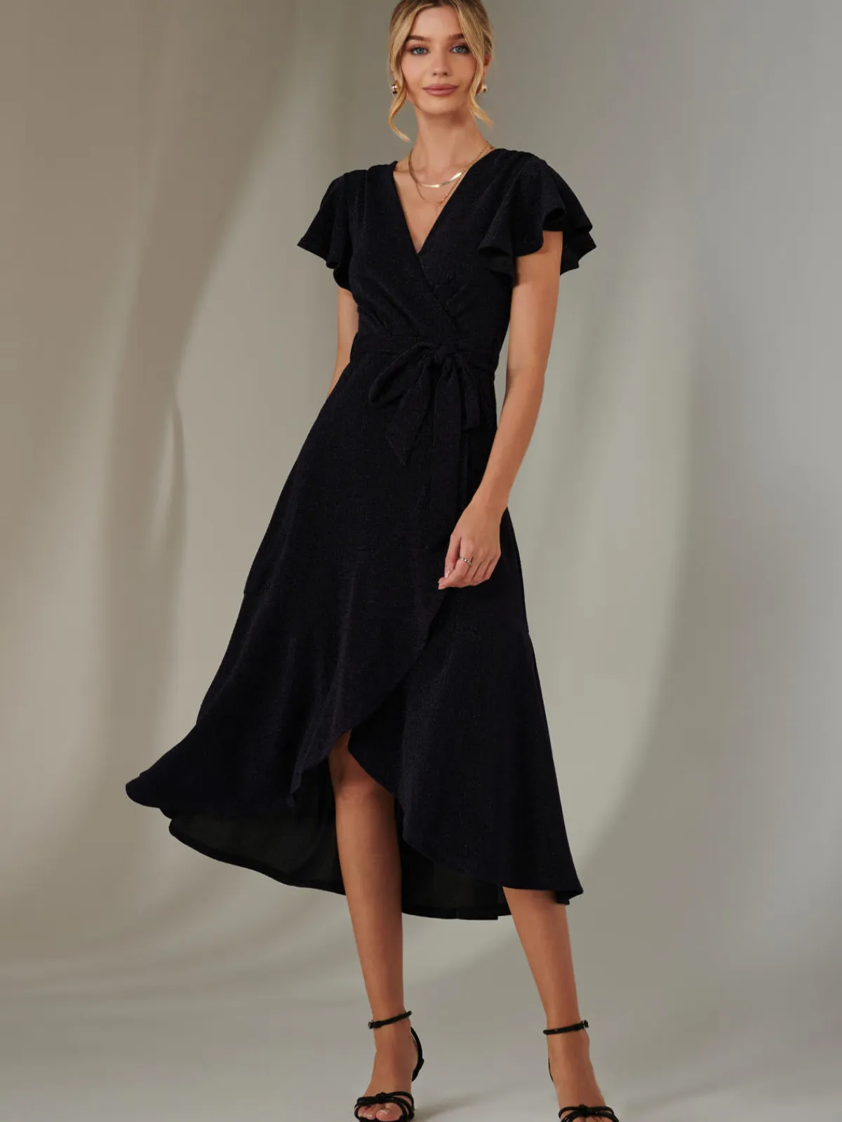 Jolie Moi Occasion Dresses|Party Dresses-Marlie Metallic Angel Sleeve Maxi Dress, Navy