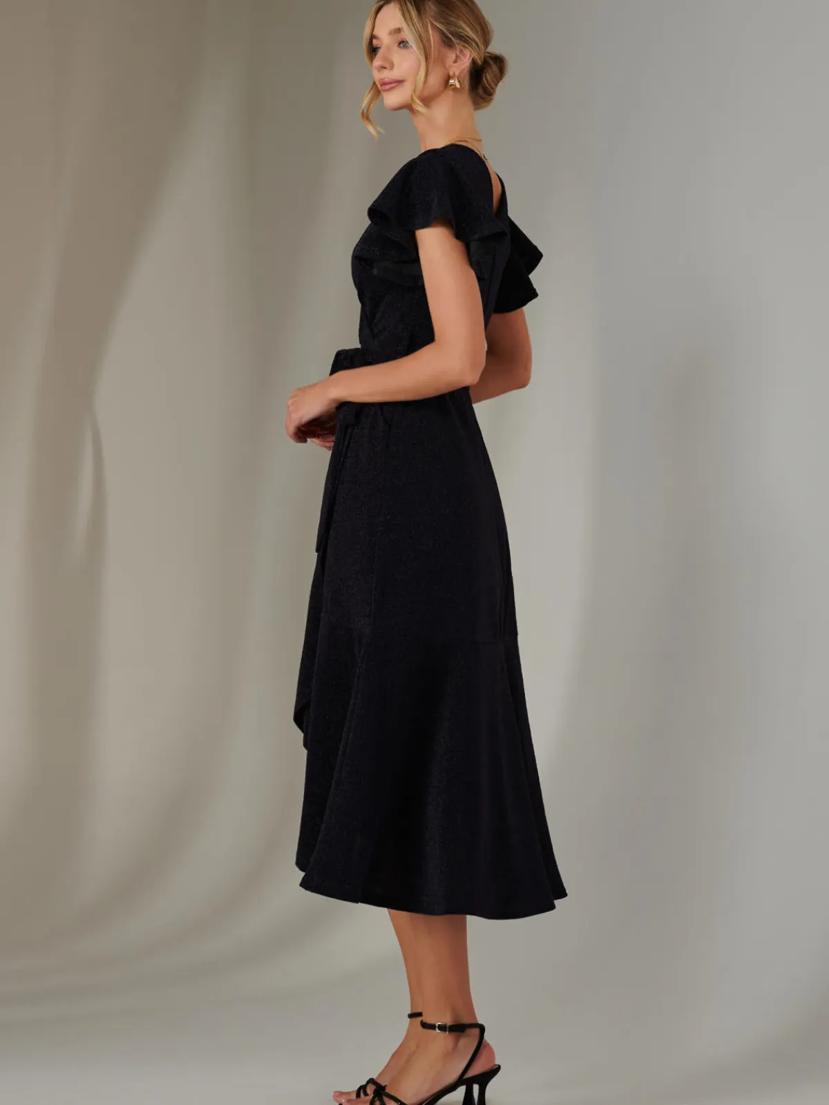Jolie Moi Occasion Dresses|Party Dresses-Marlie Metallic Angel Sleeve Maxi Dress, Navy
