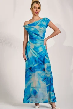 Jolie Moi Mesh Dresses|Maxi Dresses-Mesh Asymmetrical Off-Shoulder Maxi Dress, Blue Abstract