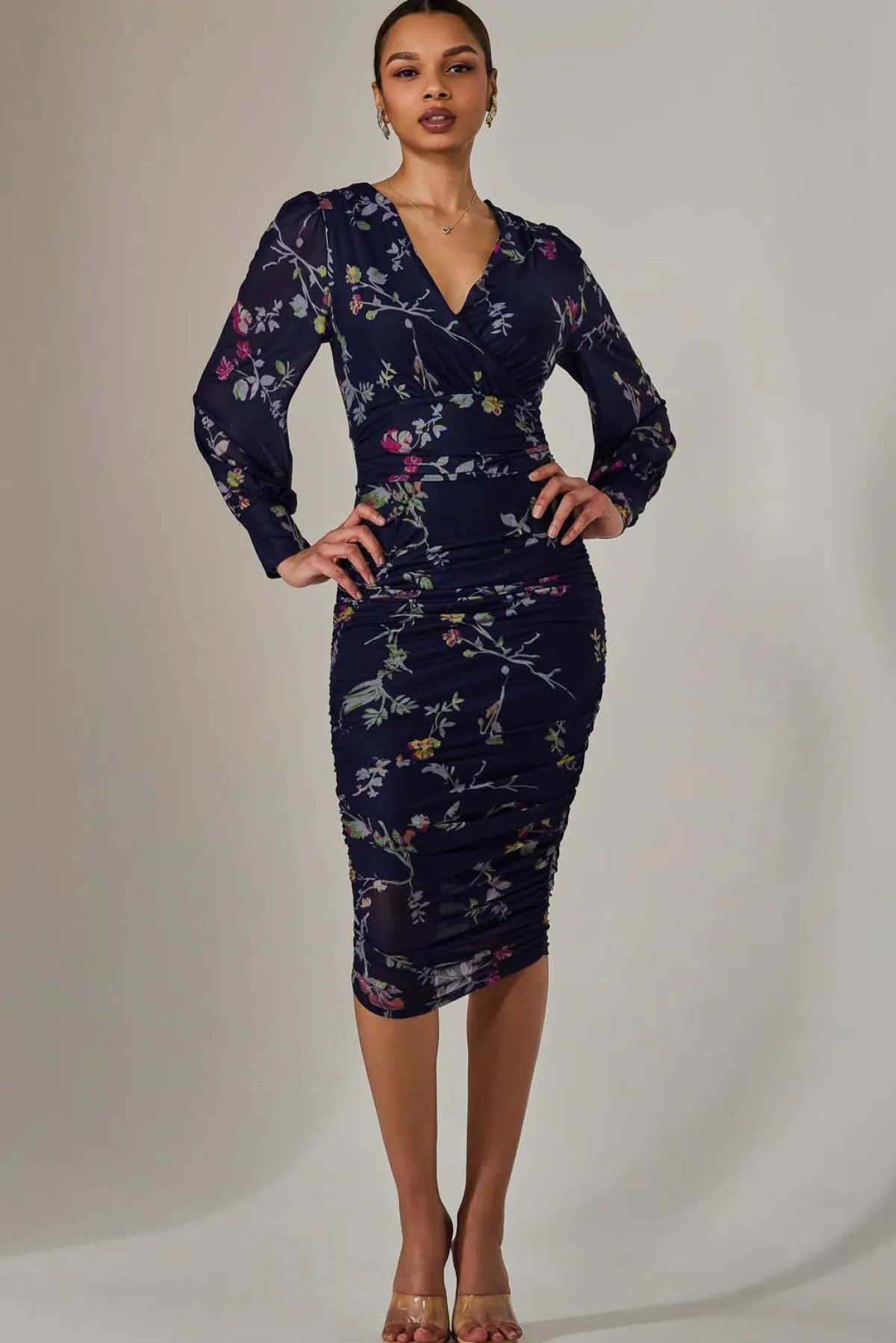 Jolie Moi Occasion Dresses|Floral Dresses-Mesh Bodycon Midi Dress, Navy Red Floral