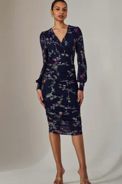 Jolie Moi Occasion Dresses|Floral Dresses-Mesh Bodycon Midi Dress, Navy Red Floral