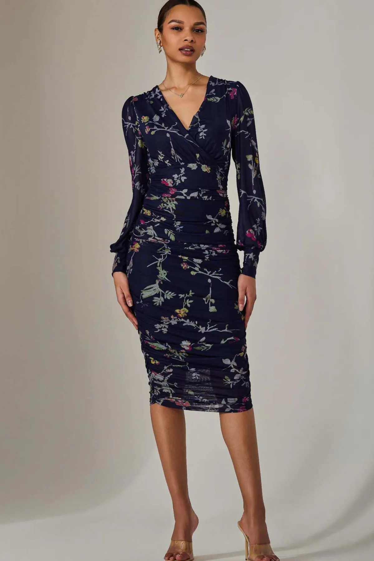Jolie Moi Occasion Dresses|Floral Dresses-Mesh Bodycon Midi Dress, Navy Red Floral