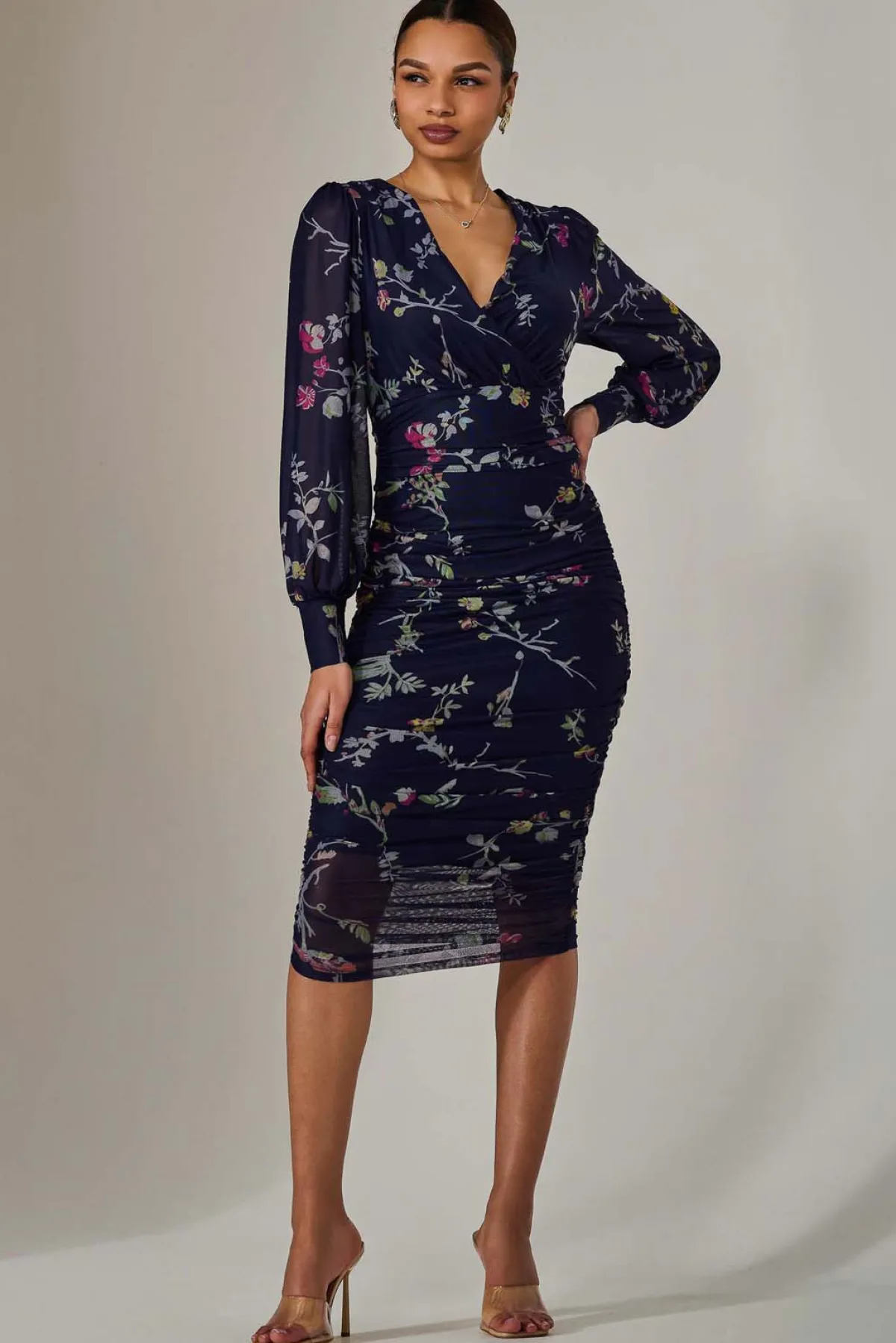 Jolie Moi Occasion Dresses|Floral Dresses-Mesh Bodycon Midi Dress, Navy Red Floral