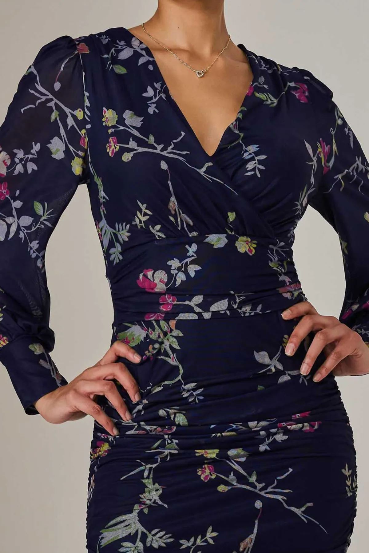 Jolie Moi Occasion Dresses|Floral Dresses-Mesh Bodycon Midi Dress, Navy Red Floral