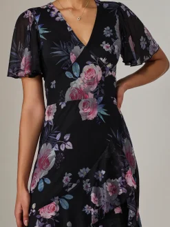 Jolie Moi Occasion Dresses|Floral Dresses-Mesh Print Frill Hem Midaxi Dress, Black Floral