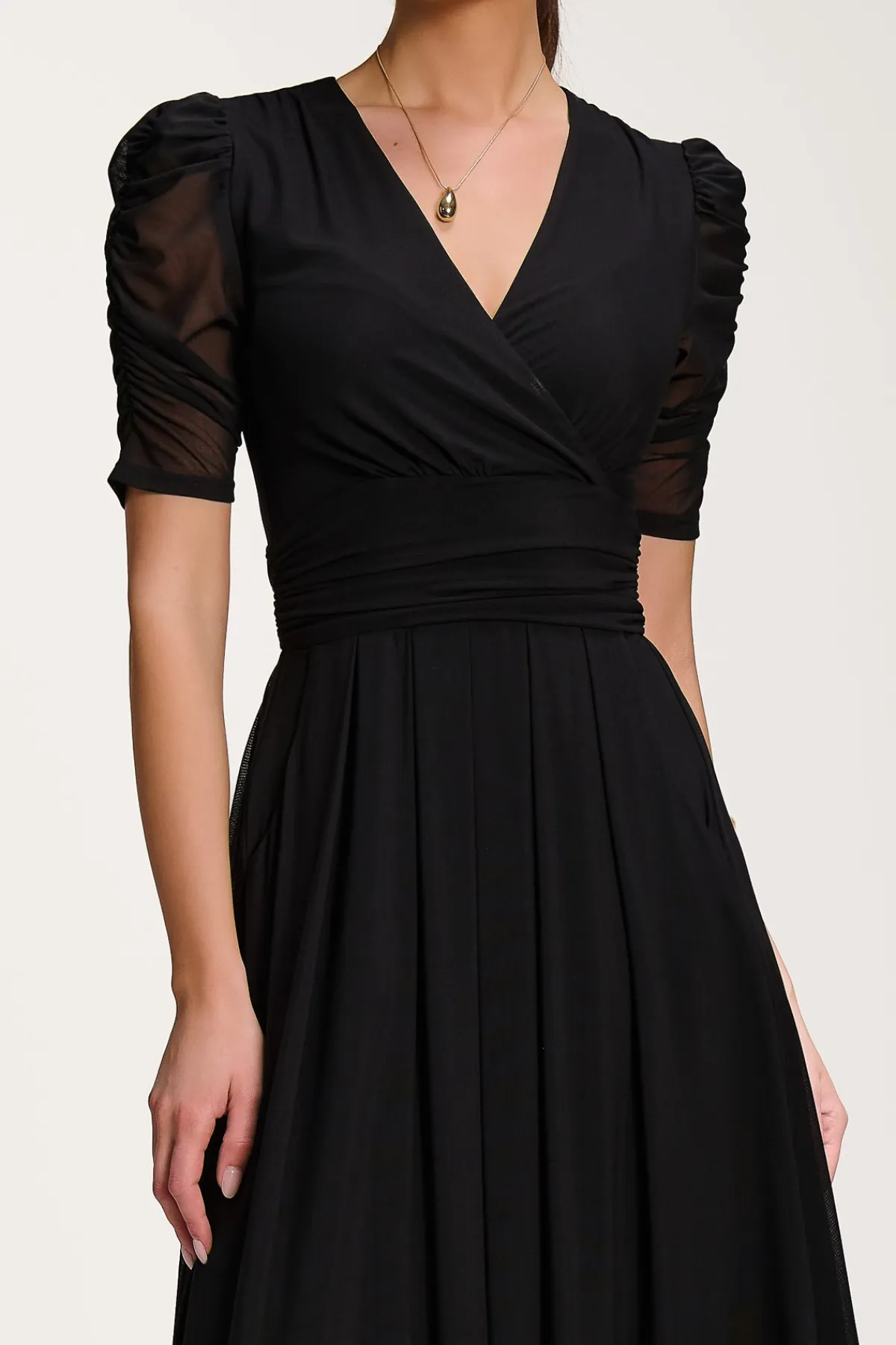 Jolie Moi Occasion Dresses|Party Dresses-Mesh Ruched Sleeve Maxi Dress, Black