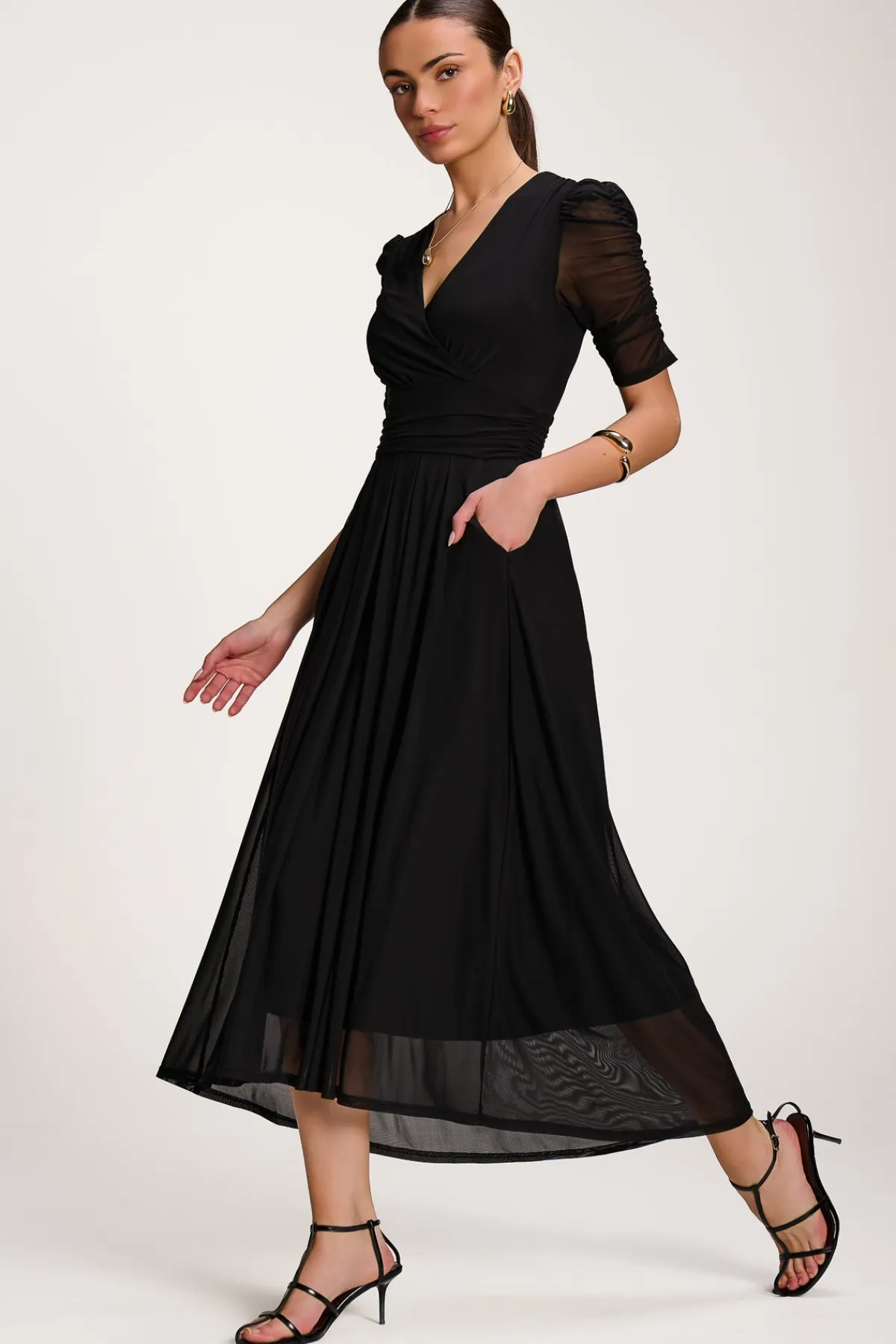 Jolie Moi Occasion Dresses|Party Dresses-Mesh Ruched Sleeve Maxi Dress, Black