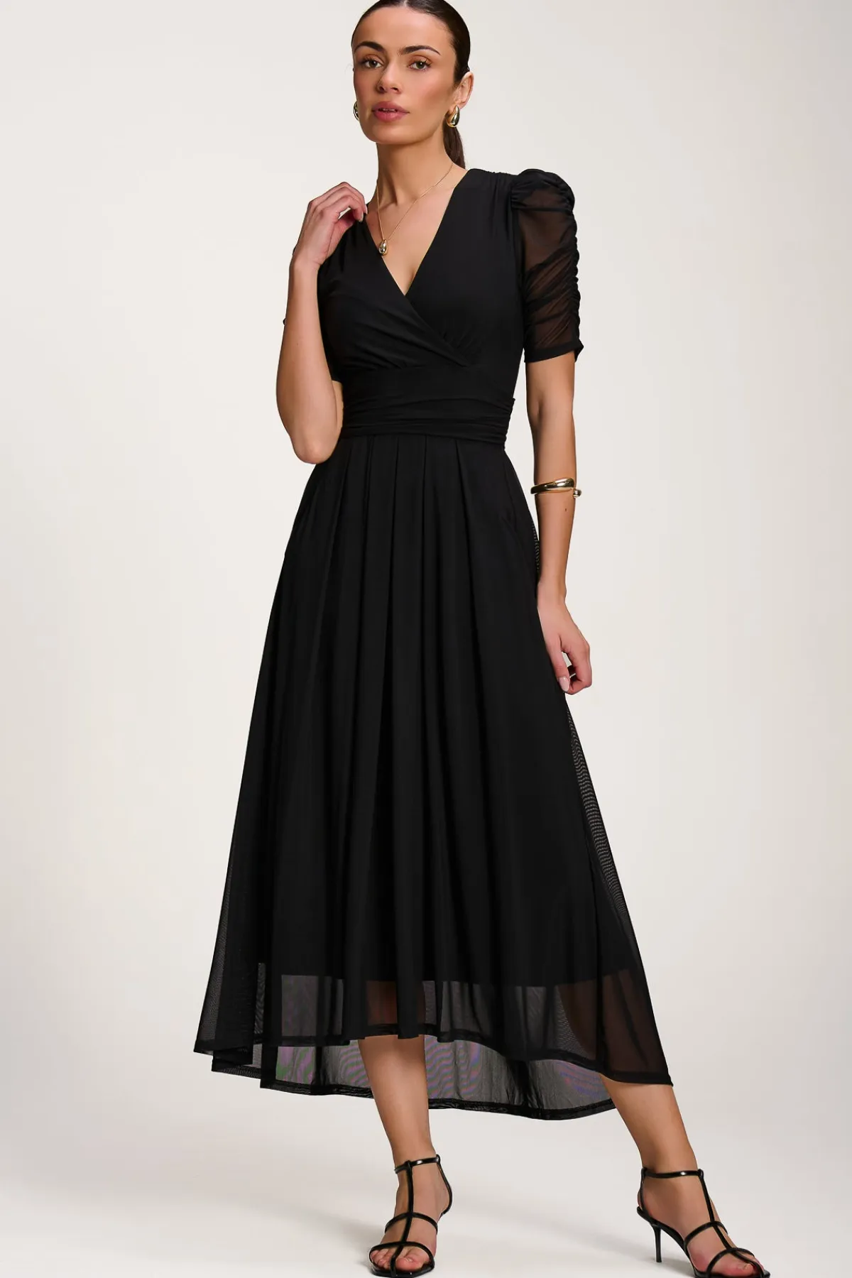 Jolie Moi Occasion Dresses|Party Dresses-Mesh Ruched Sleeve Maxi Dress, Black