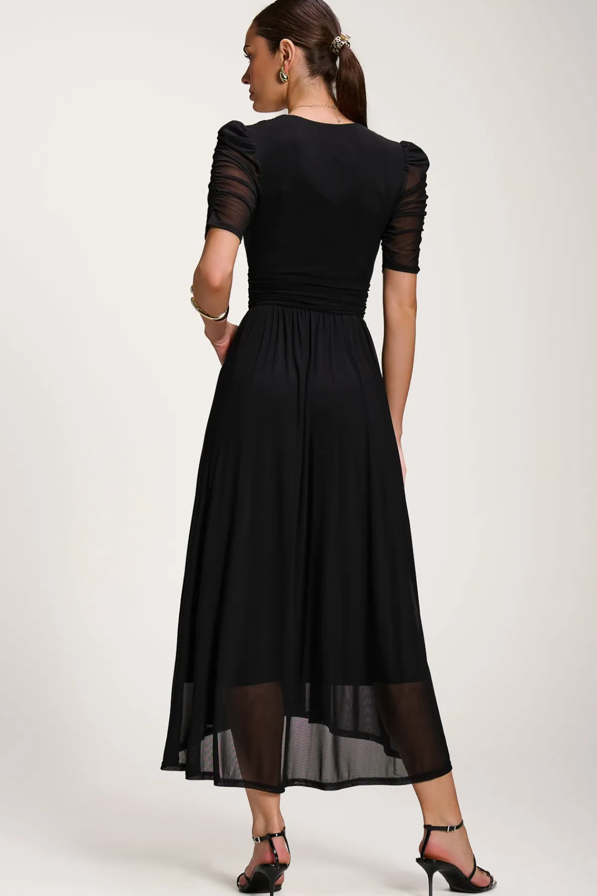 Jolie Moi Occasion Dresses|Party Dresses-Mesh Ruched Sleeve Maxi Dress, Black