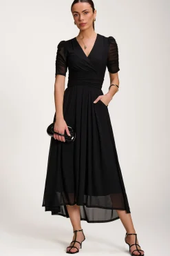 Jolie Moi Occasion Dresses|Party Dresses-Mesh Ruched Sleeve Maxi Dress, Black