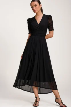 Jolie Moi Occasion Dresses|Party Dresses-Mesh Ruched Sleeve Maxi Dress, Black