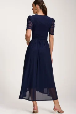 Jolie Moi Occasion Dresses|Party Dresses-Mesh Ruched Sleeve Maxi Dress, Navy