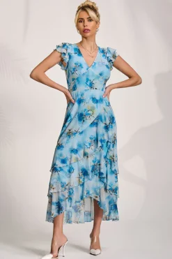 Jolie Moi Mesh Dresses|Maxi Dresses-Mesh Ruffle Detail Maxi Dress, Blue Floral
