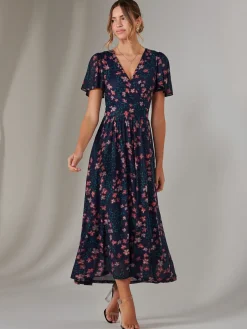 Jolie Moi Mother Of The Bride|Occasion Dresses-Mesh Short Sleeve Midaxi Dress, Navy Floral