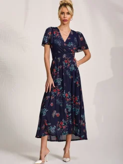 Jolie Moi Mother Of The Bride|Mesh Dresses-Mesh Short Sleeve Midaxi Dress, Navy Orange Multi