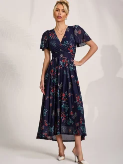 Jolie Moi Mother Of The Bride|Mesh Dresses-Mesh Short Sleeve Midaxi Dress, Navy Orange Multi