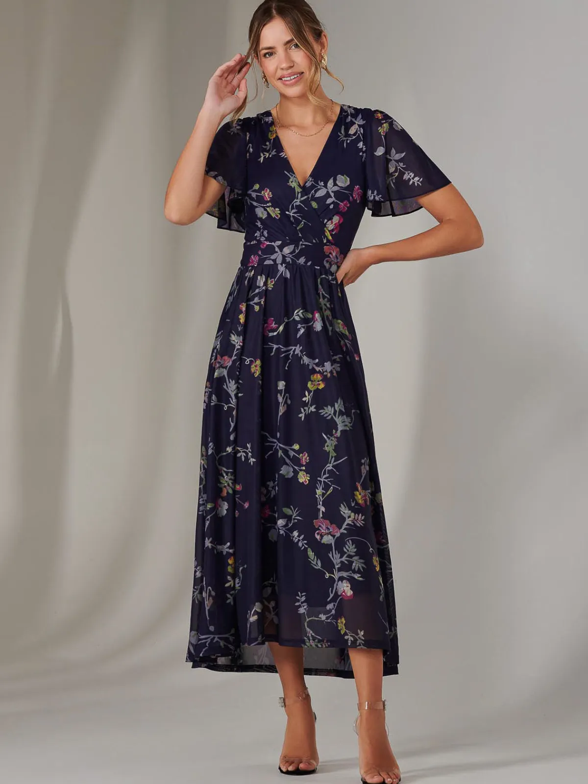 Jolie Moi Occasion Dresses|Floral Dresses-Mesh Short Sleeve Midaxi Dress, Navy Pink Multi