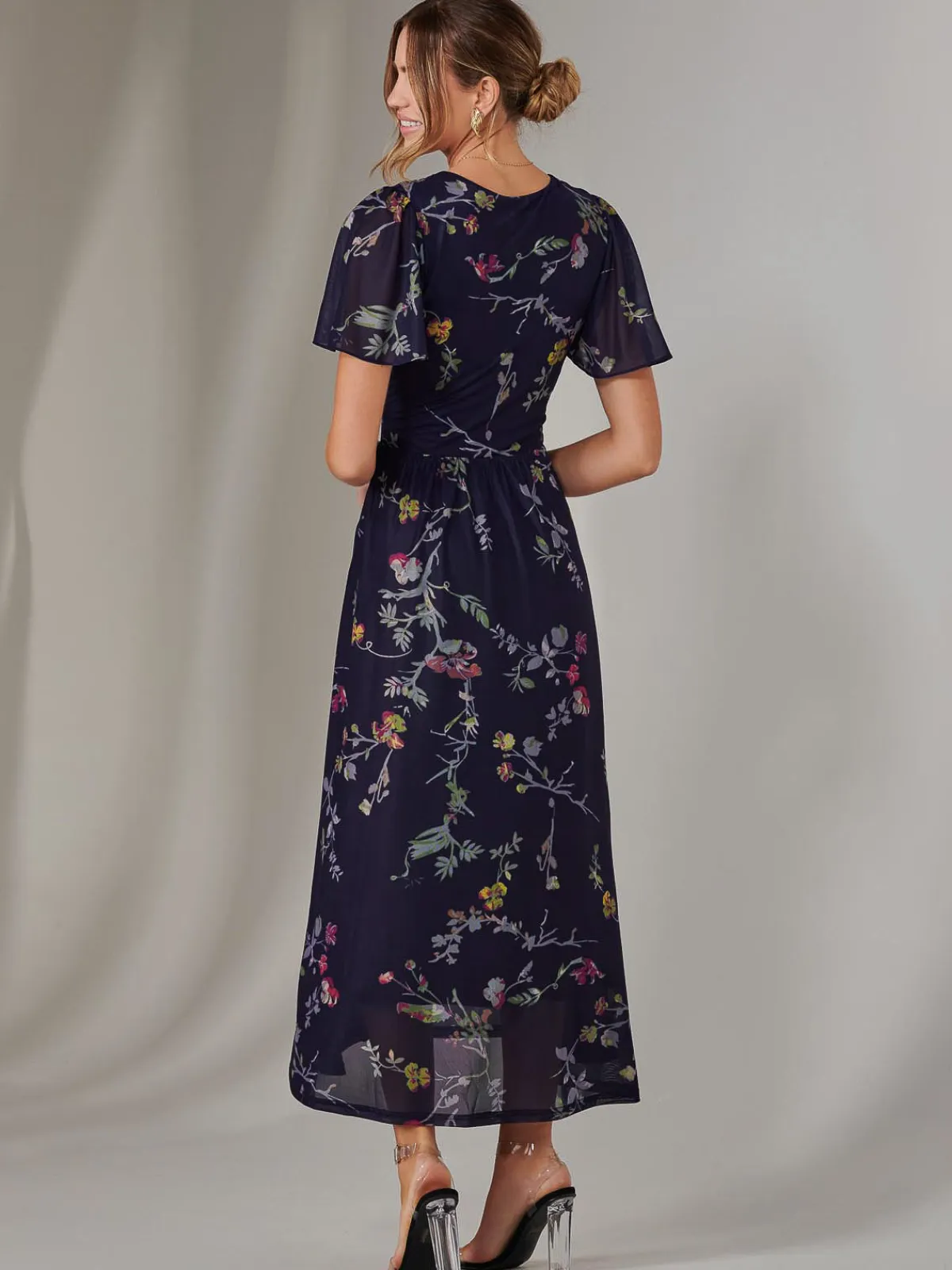 Jolie Moi Occasion Dresses|Floral Dresses-Mesh Short Sleeve Midaxi Dress, Navy Pink Multi
