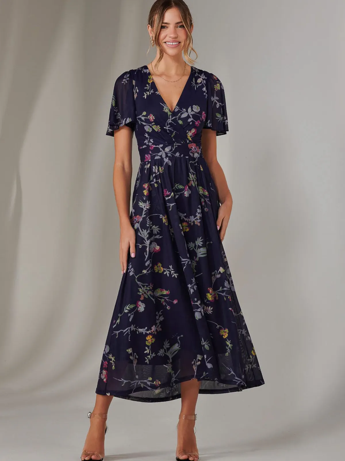 Jolie Moi Occasion Dresses|Floral Dresses-Mesh Short Sleeve Midaxi Dress, Navy Pink Multi