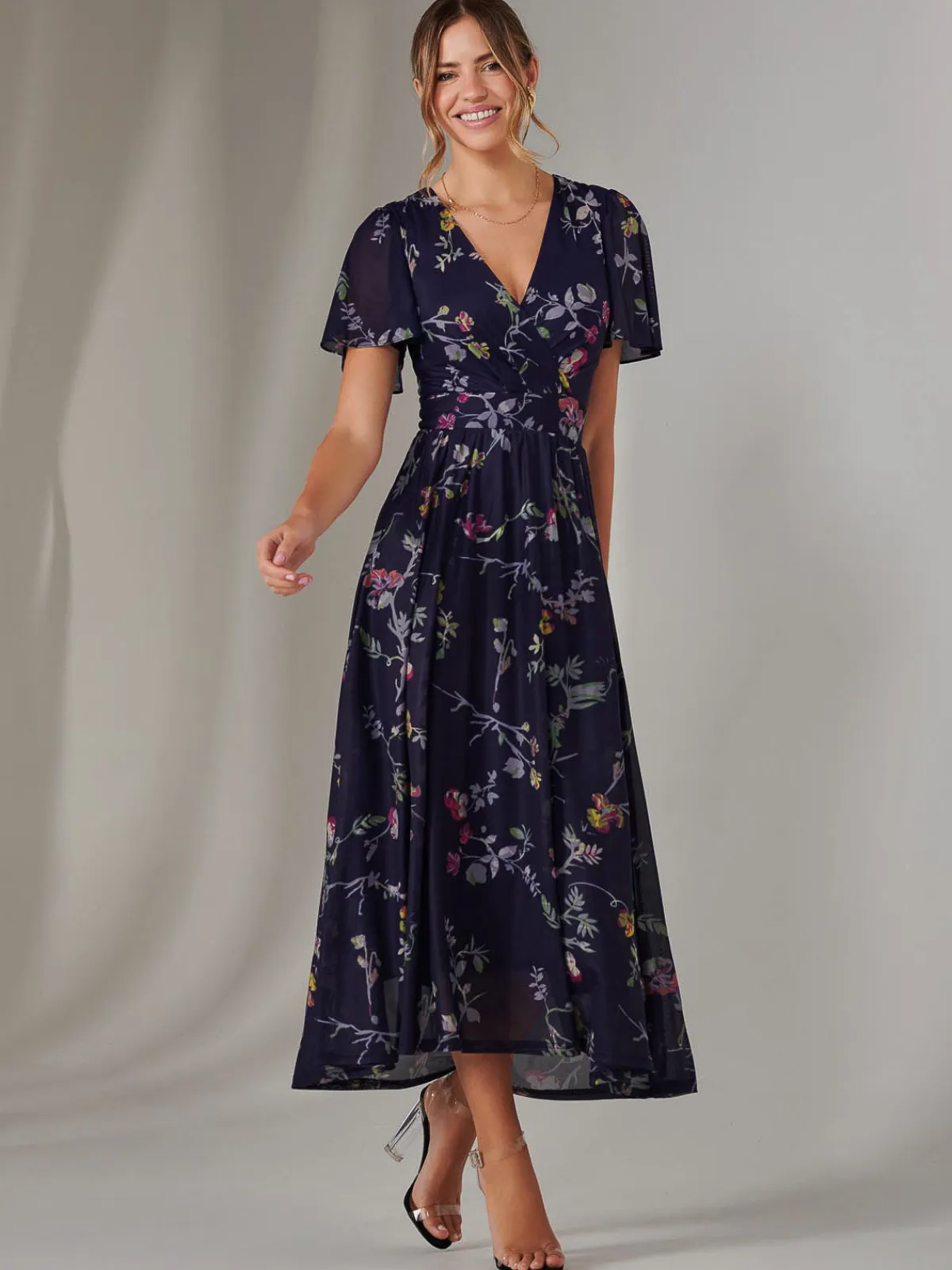Jolie Moi Occasion Dresses|Floral Dresses-Mesh Short Sleeve Midaxi Dress, Navy Pink Multi