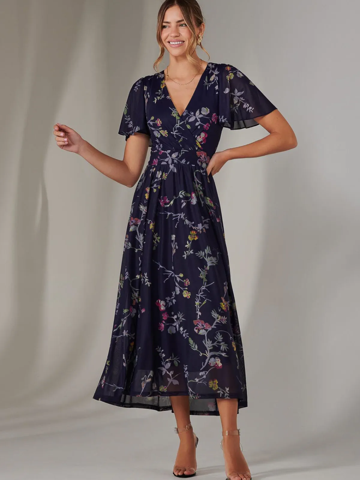 Jolie Moi Occasion Dresses|Floral Dresses-Mesh Short Sleeve Midaxi Dress, Navy Pink Multi