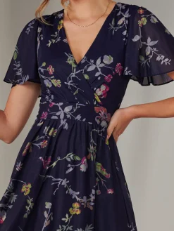 Jolie Moi Occasion Dresses|Floral Dresses-Mesh Short Sleeve Midaxi Dress, Navy Pink Multi