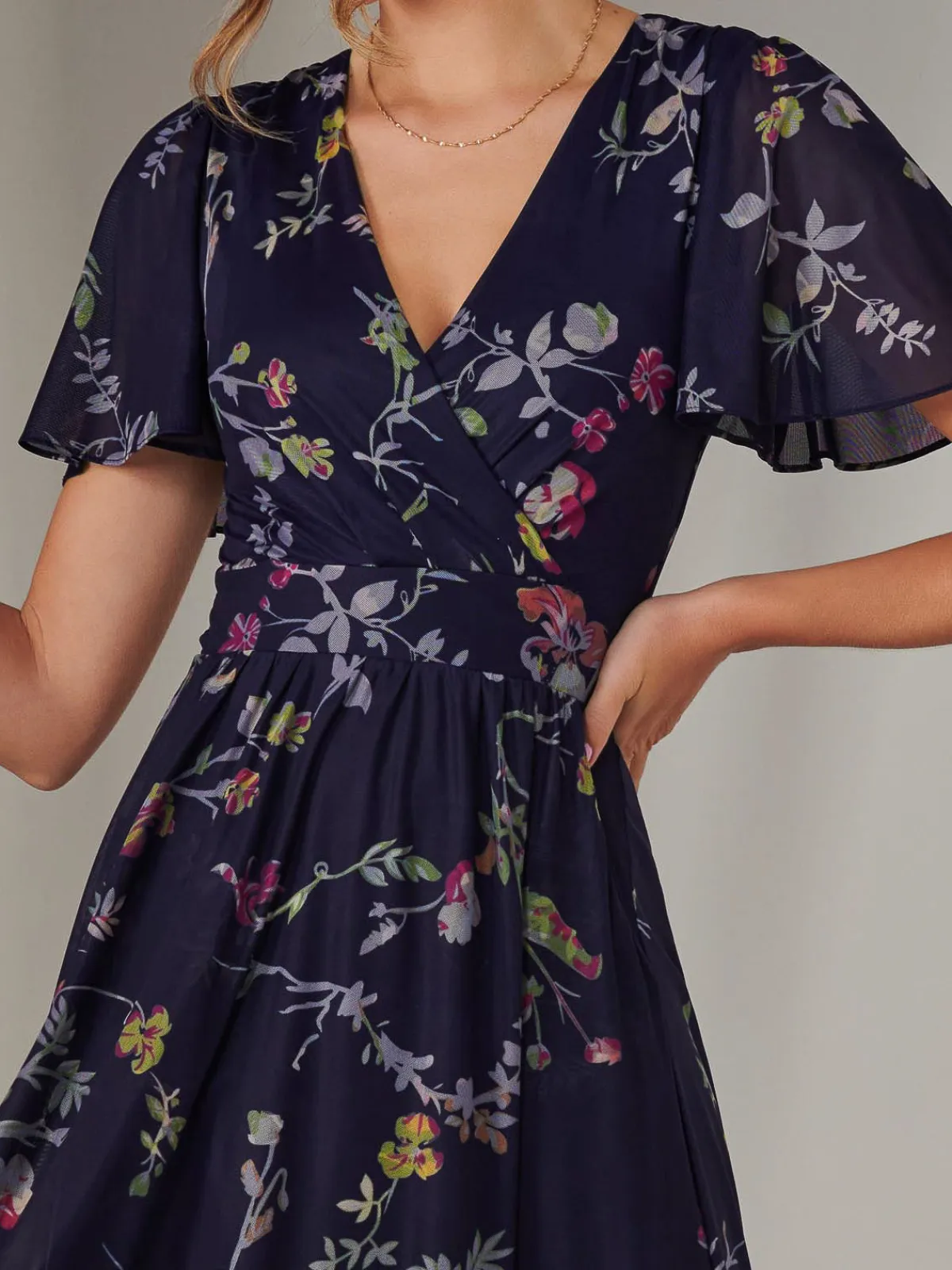 Jolie Moi Occasion Dresses|Floral Dresses-Mesh Short Sleeve Midaxi Dress, Navy Pink Multi