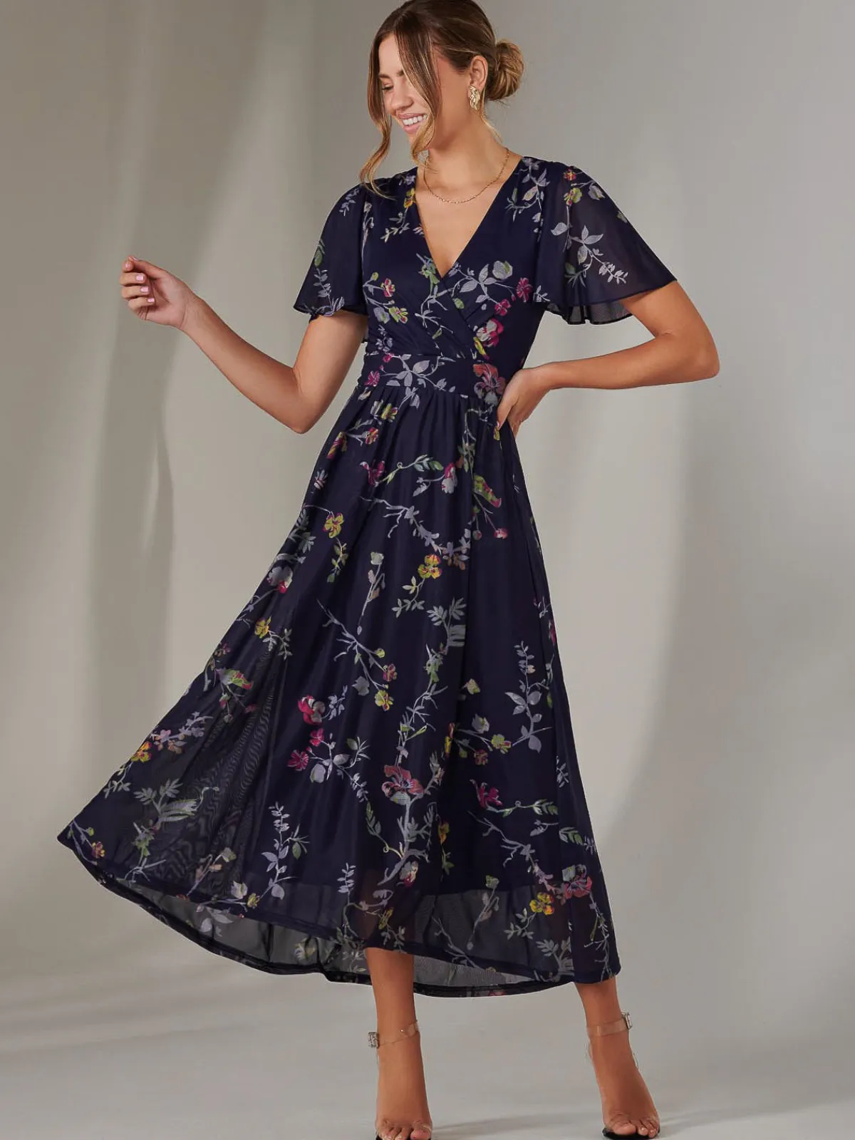 Jolie Moi Occasion Dresses|Floral Dresses-Mesh Short Sleeve Midaxi Dress, Navy Pink Multi