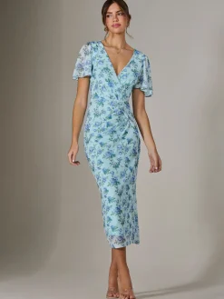 Jolie Moi Occasion Dresses|Floral Dresses-Mesh Short Sleeve Midi Dress, Blue Floral