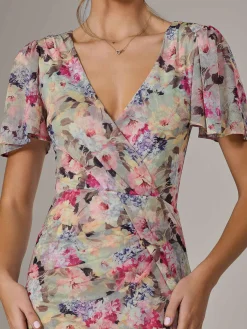 Jolie Moi Occasion Dresses|Floral Dresses-Mesh Short Sleeve Midi Dress, Multi Floral